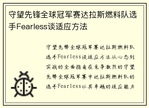 守望先锋全球冠军赛达拉斯燃料队选手Fearless谈适应方法