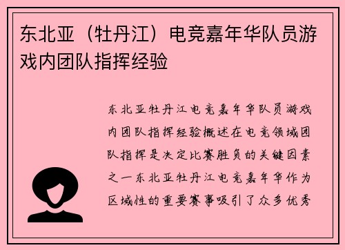 东北亚（牡丹江）电竞嘉年华队员游戏内团队指挥经验